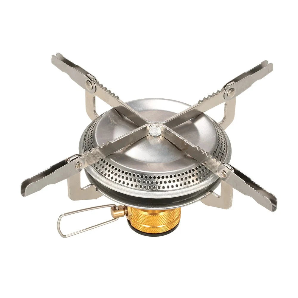 Réchaud à gaz de camping ultraléger Outdoor Perf, compact et portable, avec boutons de contrôle et surface de cuisson.